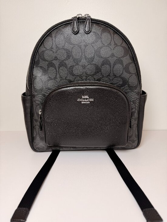 Coach Signature Backpack Black Gray Canvas Leather Trim Mini Backpack Bag